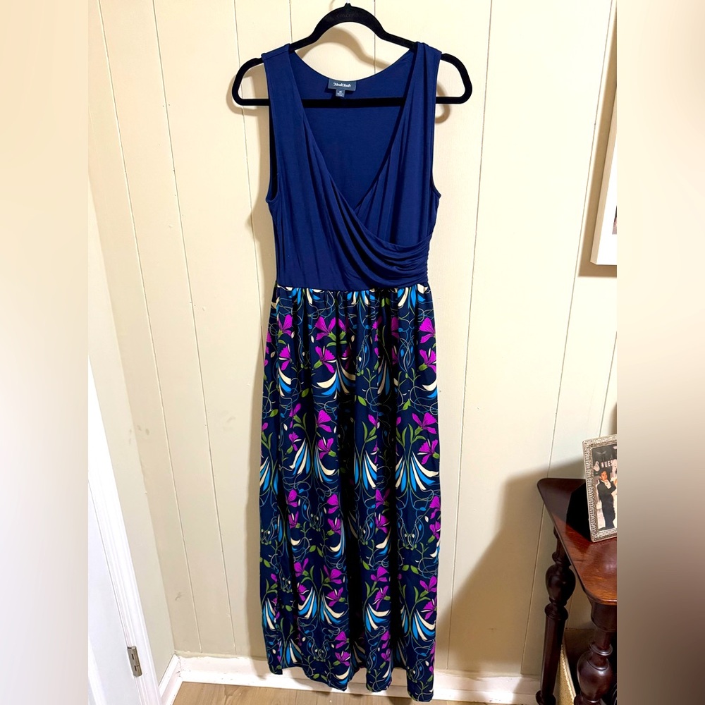 Modcloth medium navy floral v neck stretch maxi dress slit vintage retro